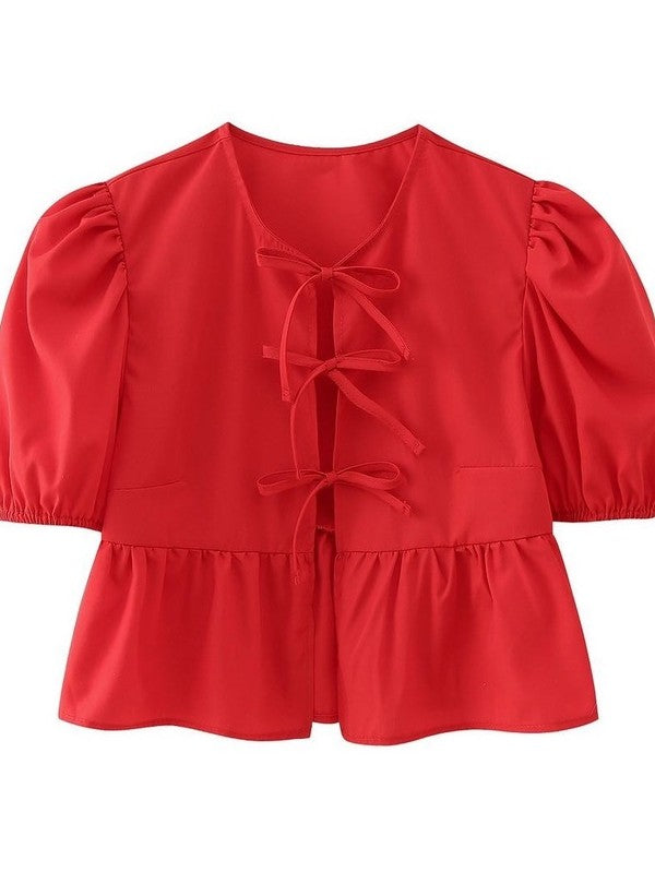 Front-Tie Puffed-Sleeves Peplum Blouse