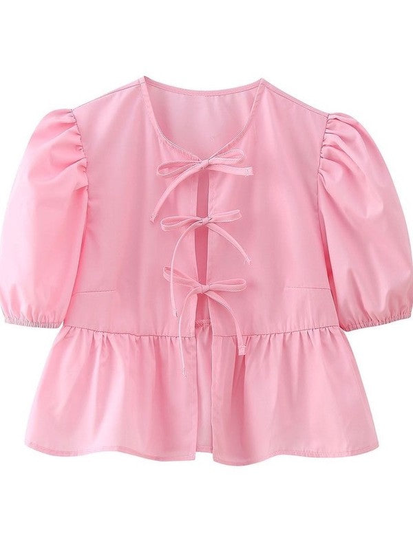 Front-Tie Puffed-Sleeves Peplum Blouse