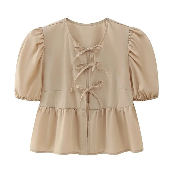 Front-Tie Puffed-Sleeves Peplum Blouse