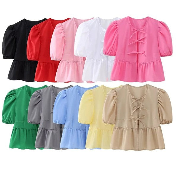 Front-Tie Puffed-Sleeves Peplum Blouse