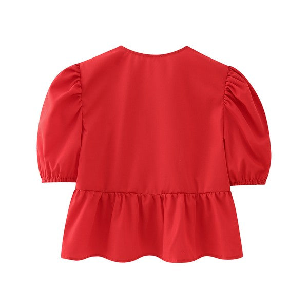 Front-Tie Puffed-Sleeves Peplum Blouse