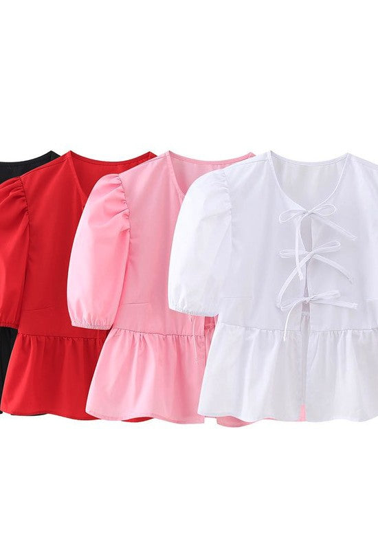 Front-Tie Puffed-Sleeves Peplum Blouse