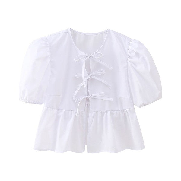Front-Tie Puffed-Sleeves Peplum Blouse