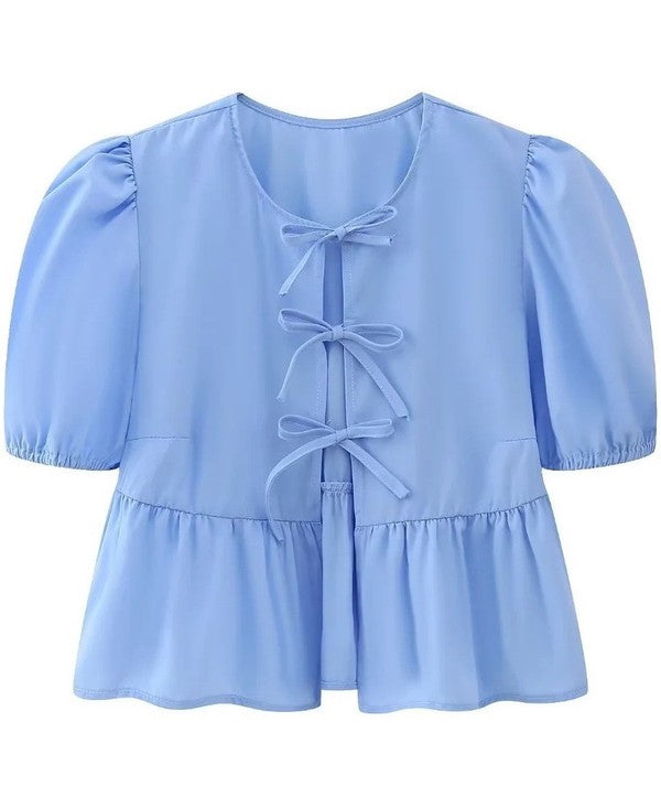 Front-Tie Puffed-Sleeves Peplum Blouse