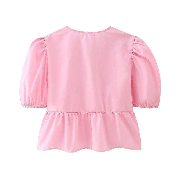 Front-Tie Puffed-Sleeves Peplum Blouse