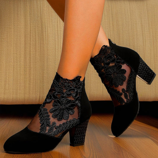 Lace-Embroidered Mesh Chunky-Heel Ankle Boots Women’s Stepique