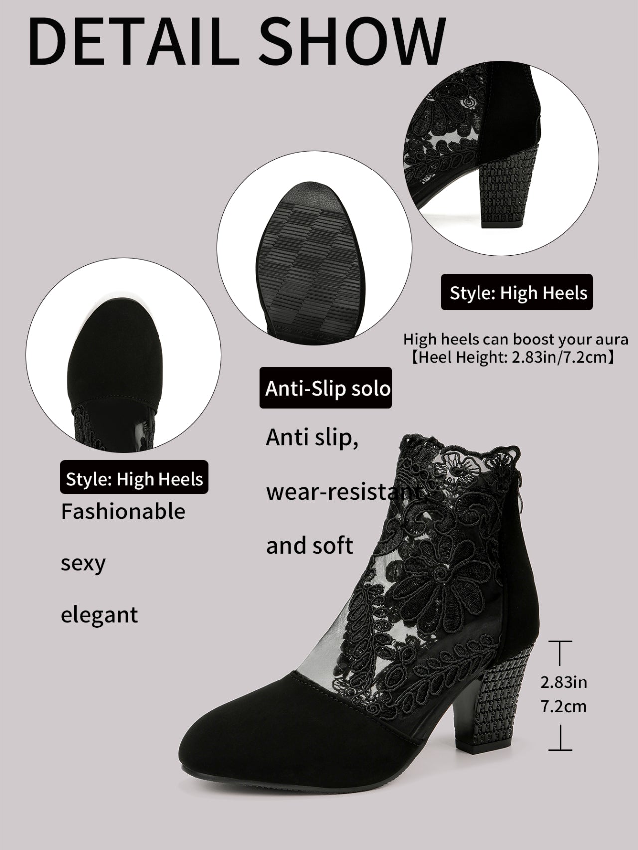 Lace-Embroidered Mesh Chunky-Heel Ankle Boots Women’s Stepique
