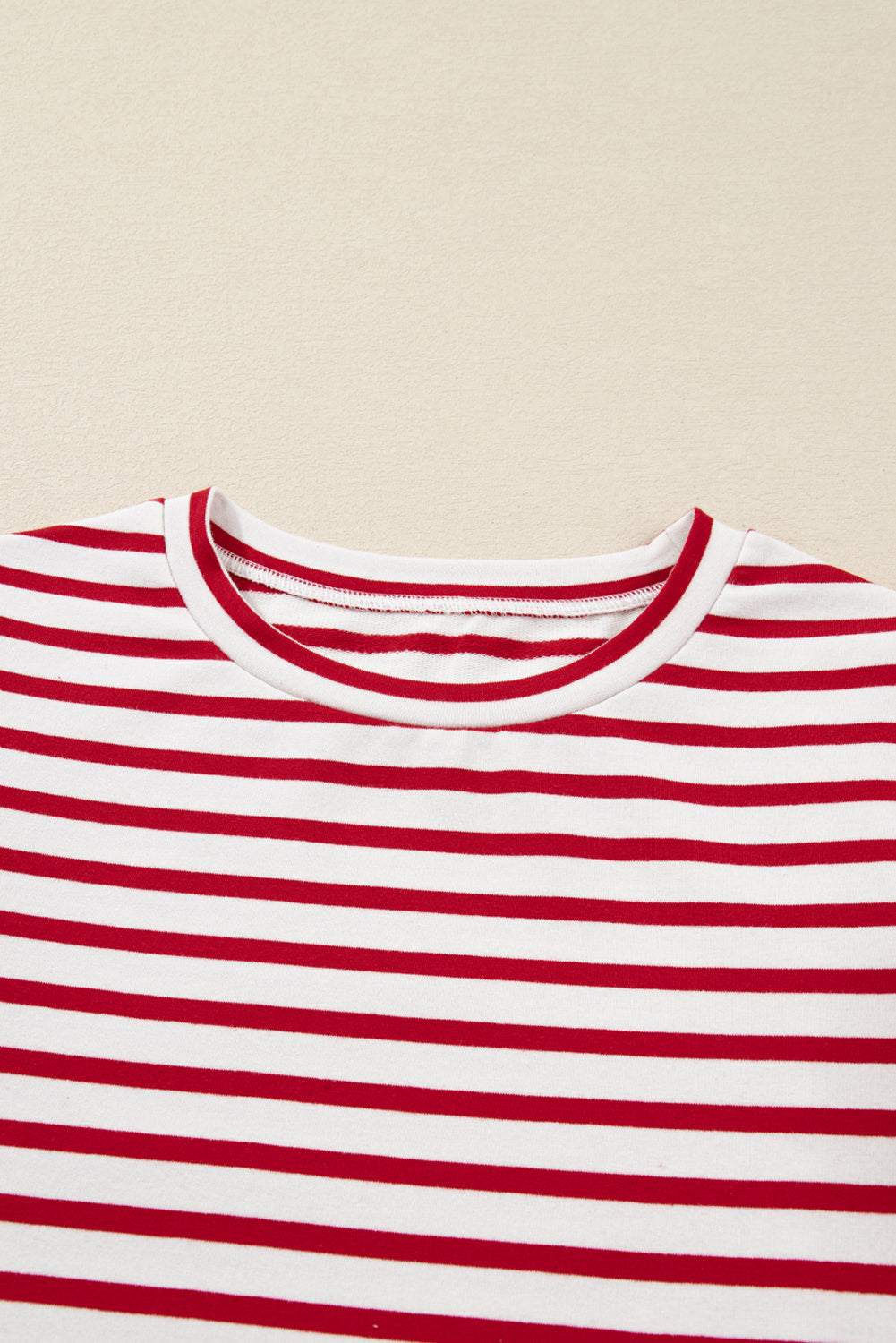 Red Stripe Ruffle Trim Long Sleeve Round Neck Top
