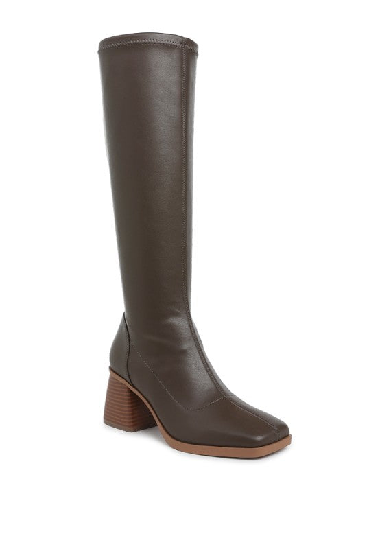 Faux Leather Block Heel Long Boots Menomi