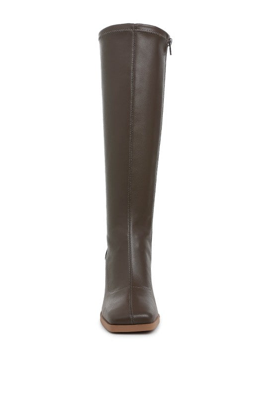 Faux Leather Block Heel Long Boots Menomi