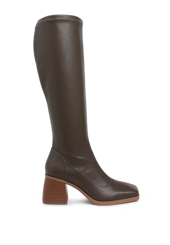 Faux Leather Block Heel Long Boots Menomi