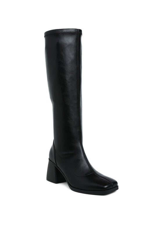 Faux Leather Block Heel Long Boots Menomi
