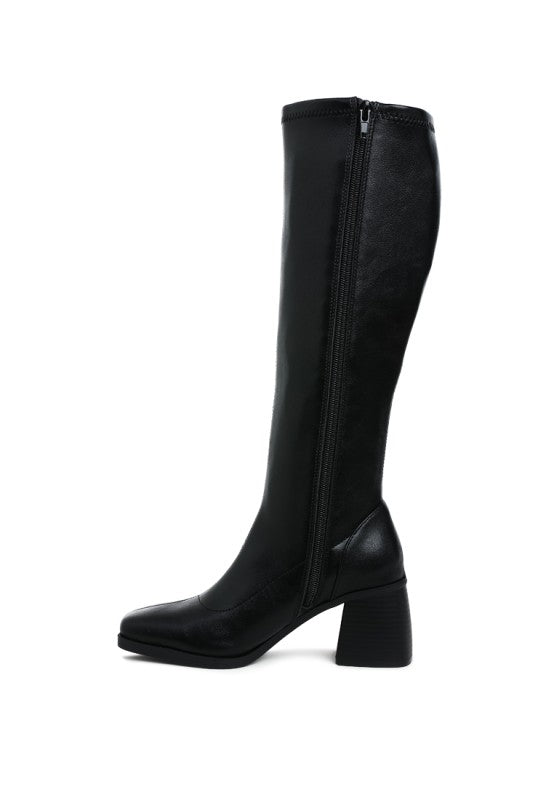 Faux Leather Block Heel Long Boots Menomi
