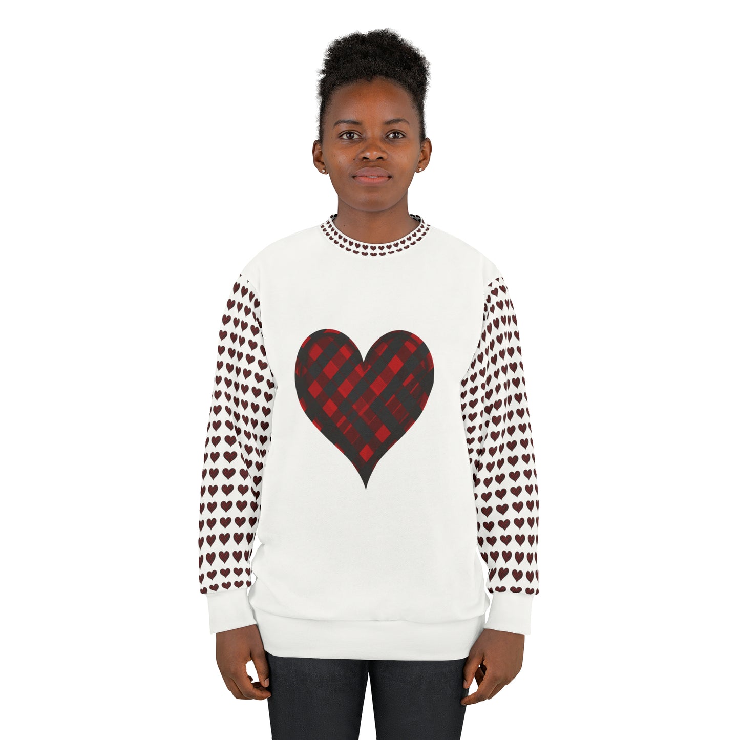 Valentine's Day best gift, red and black check heart shape design White Unisex Sweatshirt (AOP)