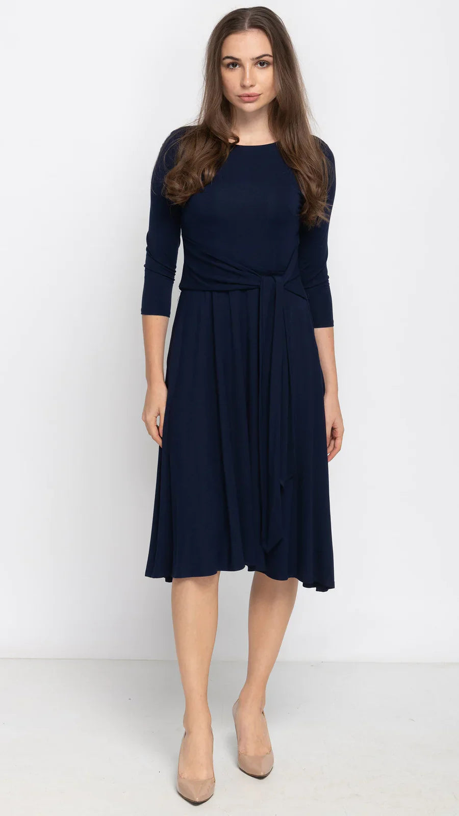 Navy Side Tie Dress Flattering Comfortable Dress KMW