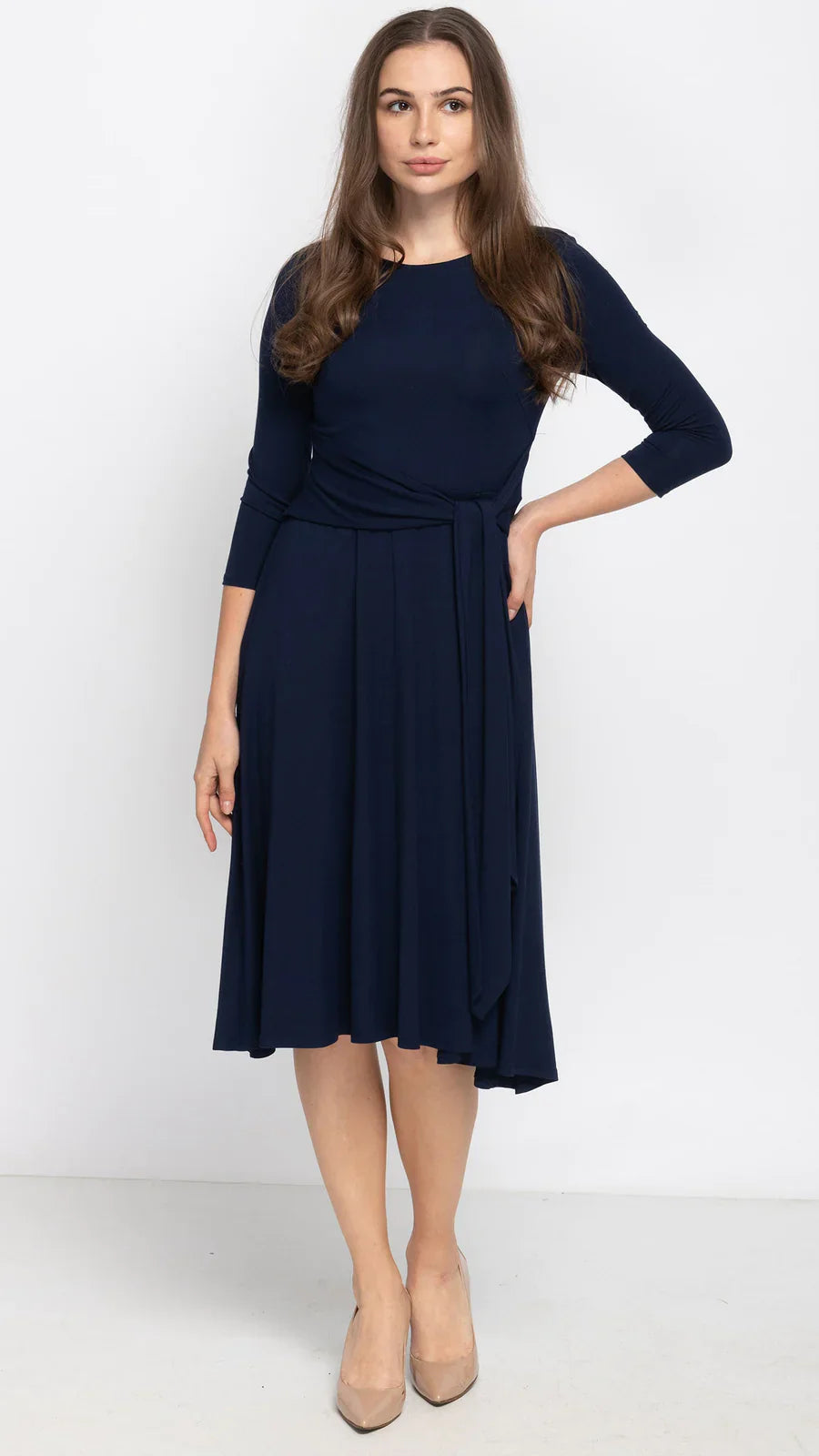 Navy Side Tie Dress Flattering Comfortable Dress KMW