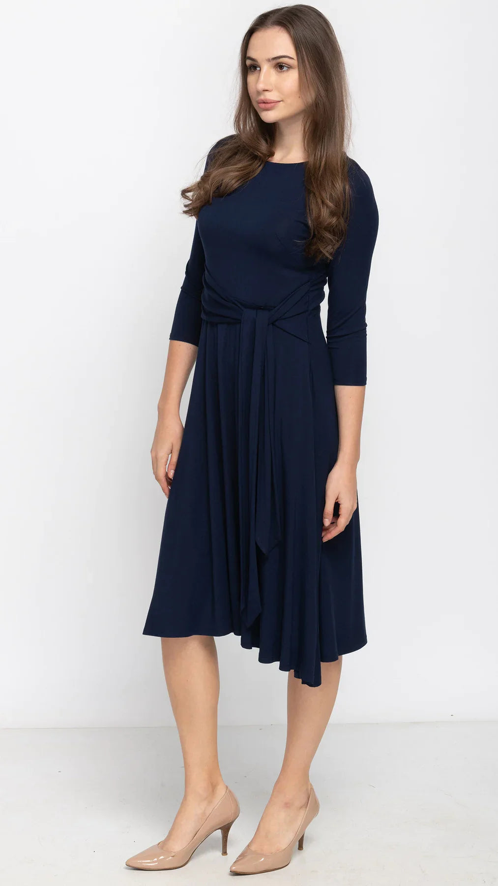 Navy Side Tie Dress Flattering Comfortable Dress KMW