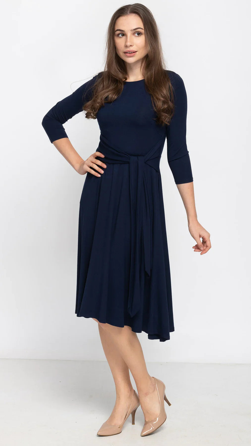 Navy Side Tie Dress Flattering Comfortable Dress KMW