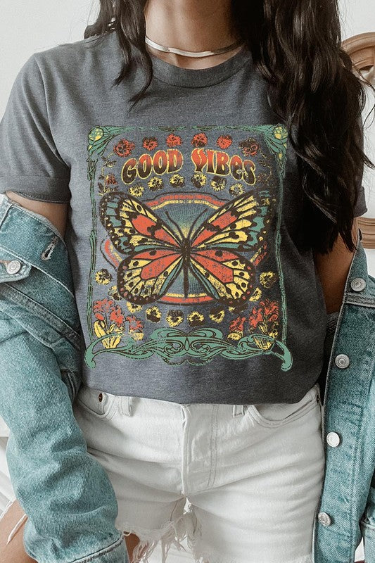 Butterfly Good Vibes Graphic T Shirts Unisex Crew Neck Short Sleeve