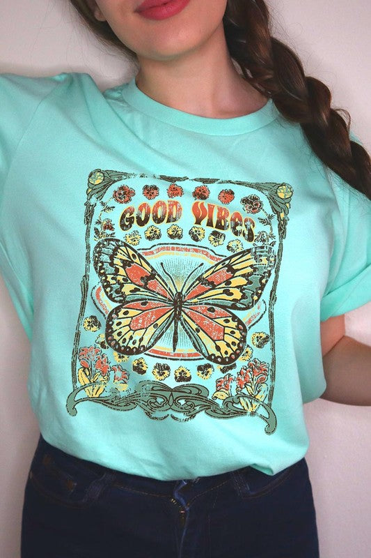 Butterfly Good Vibes Graphic T Shirts Unisex Crew Neck Short Sleeve