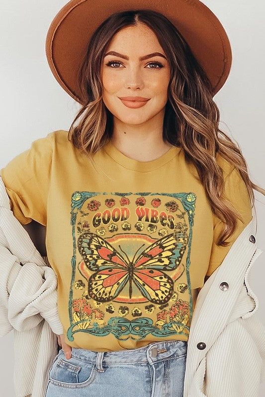 Butterfly Good Vibes Graphic T Shirts Unisex Crew Neck Short Sleeve
