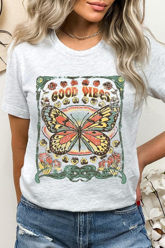 Butterfly Good Vibes Graphic T Shirts Unisex Crew Neck Short Sleeve