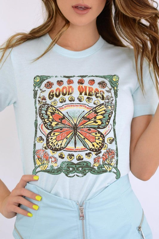 Butterfly Good Vibes Graphic T Shirts Unisex Crew Neck Short Sleeve