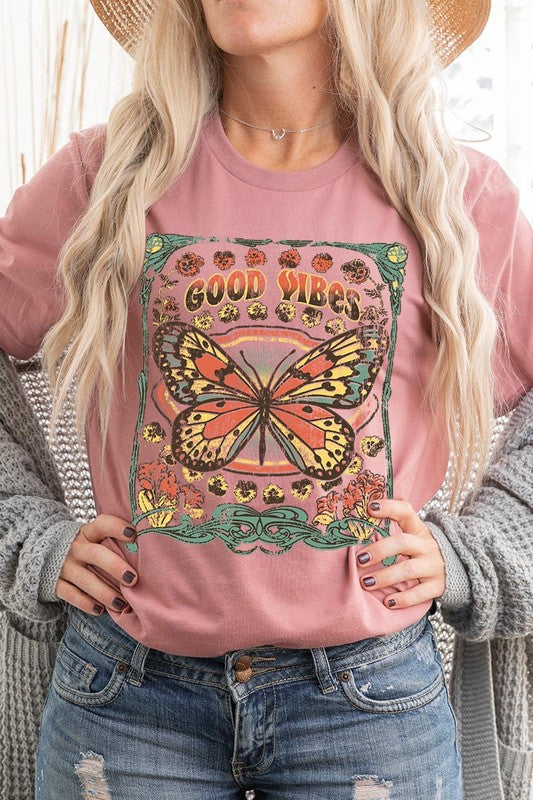 Butterfly Good Vibes Graphic T Shirts Unisex Crew Neck Short Sleeve