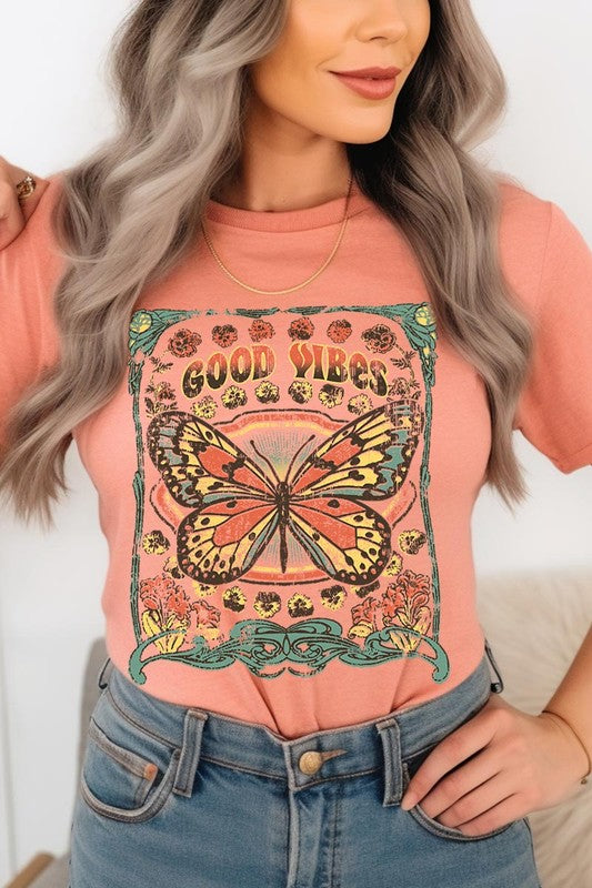 Butterfly Good Vibes Graphic T Shirts Unisex Crew Neck Short Sleeve