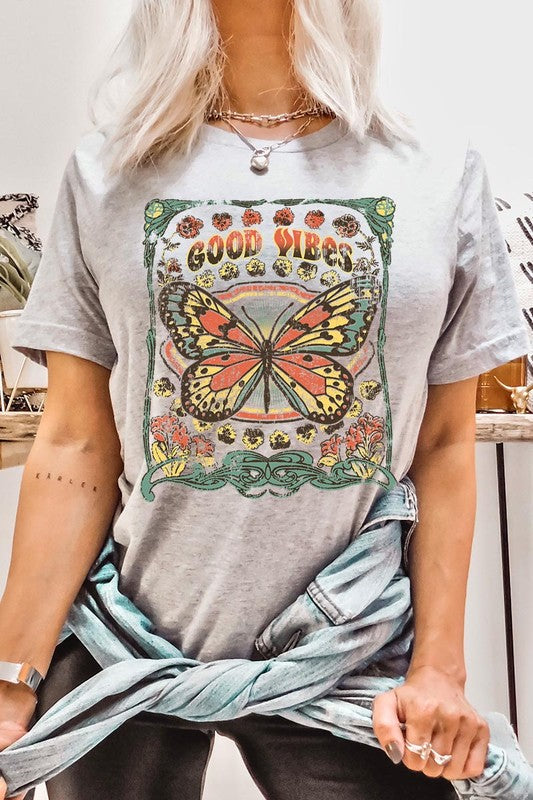 Butterfly Good Vibes Graphic T Shirts Unisex Crew Neck Short Sleeve