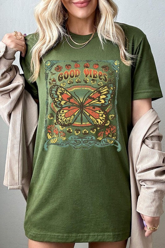 Butterfly Good Vibes Graphic T Shirts Unisex Crew Neck Short Sleeve