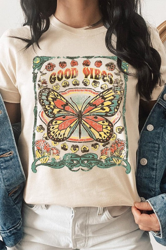Butterfly Good Vibes Graphic T Shirts Unisex Crew Neck Short Sleeve