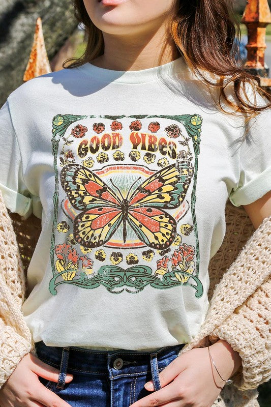 Butterfly Good Vibes Graphic T Shirts Unisex Crew Neck Short Sleeve