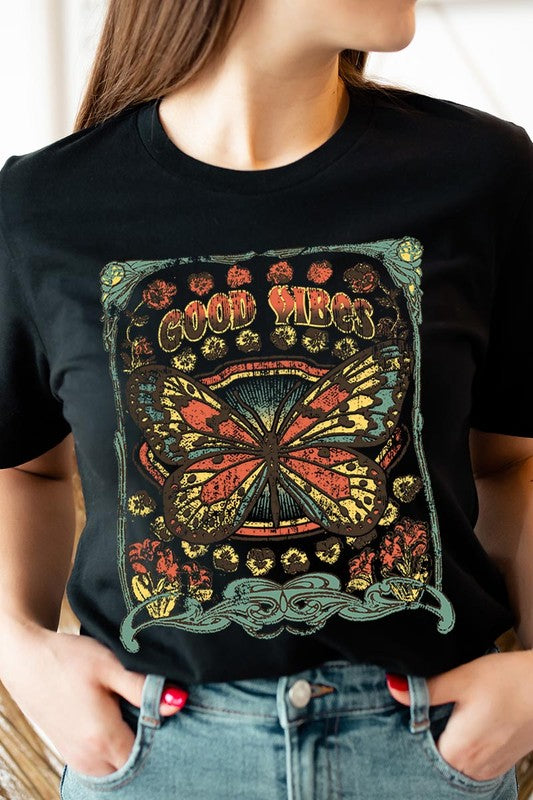 Butterfly Good Vibes Graphic T Shirts Unisex Crew Neck Short Sleeve