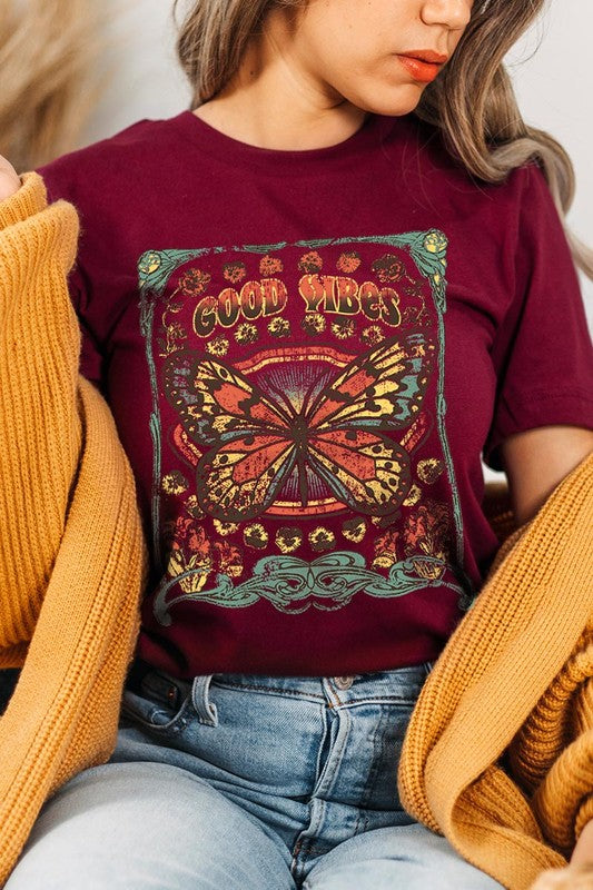 Butterfly Good Vibes Graphic T Shirts Unisex Crew Neck Short Sleeve