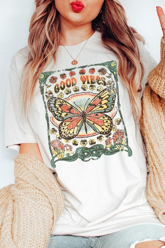 Butterfly Good Vibes Graphic T Shirts Unisex Crew Neck Short Sleeve