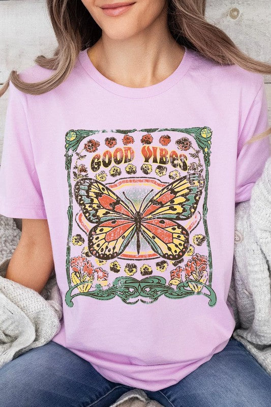 Butterfly Good Vibes Graphic T Shirts Unisex Crew Neck Short Sleeve