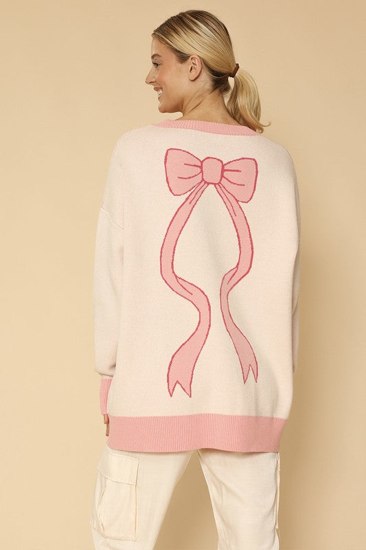 Varsity knit bow cardigan bow intarsia knit cardigan