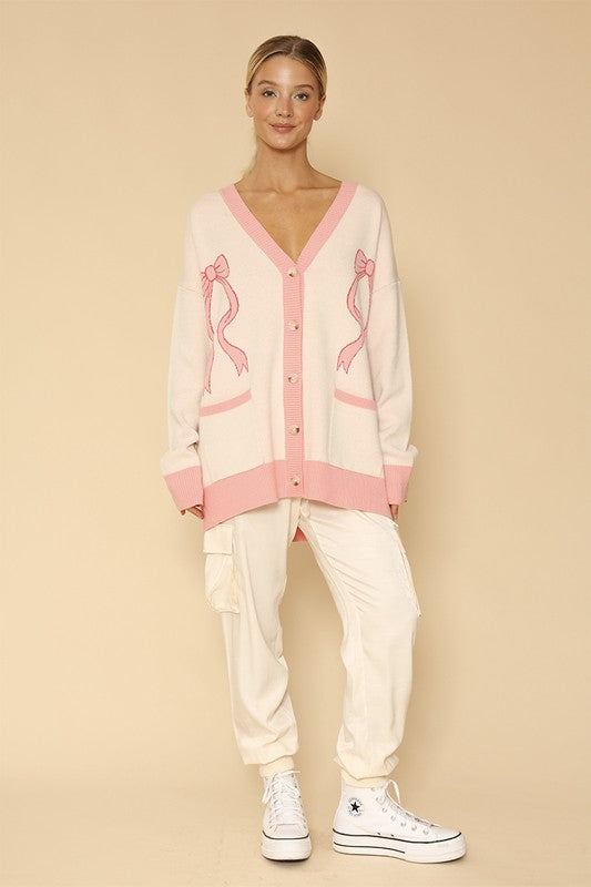 Varsity knit bow cardigan V neck button front Shrugs & Cardigans