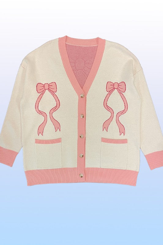 Varsity knit bow cardigan bow intarsia knit cardigan