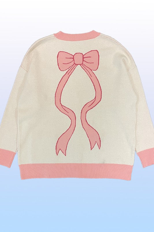 Varsity knit bow cardigan bow intarsia knit cardigan