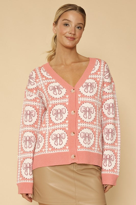 Bow Tiled Knit Cardigan Button Front V Neckline
