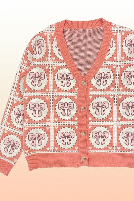 Bow Tiled Knit Cardigan Button Front V Neckline