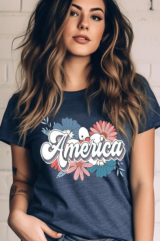 Floral America Graphic Unisex Crew Neck T Shirts
