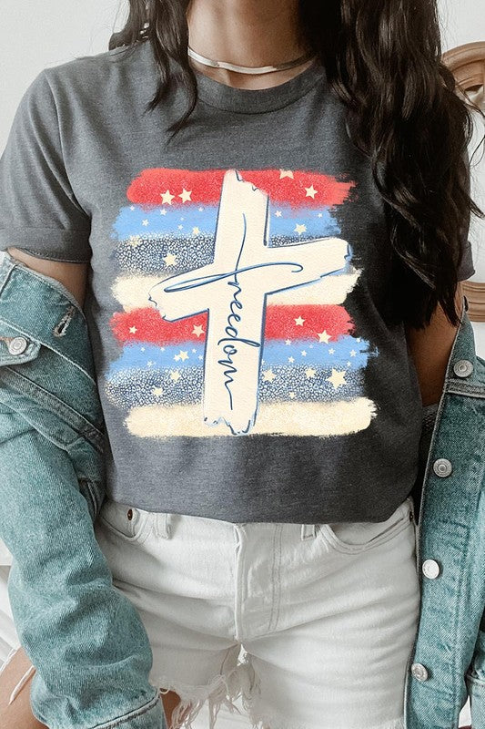 Freedom Cross 4th of July Graphic Unisex Crew Neck T Shirts