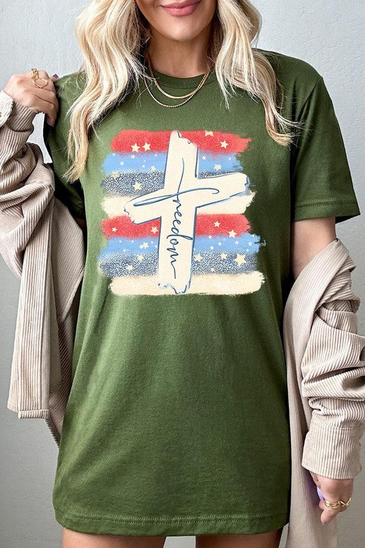 Freedom Cross 4th of July Graphic Unisex Crew Neck T Shirts
