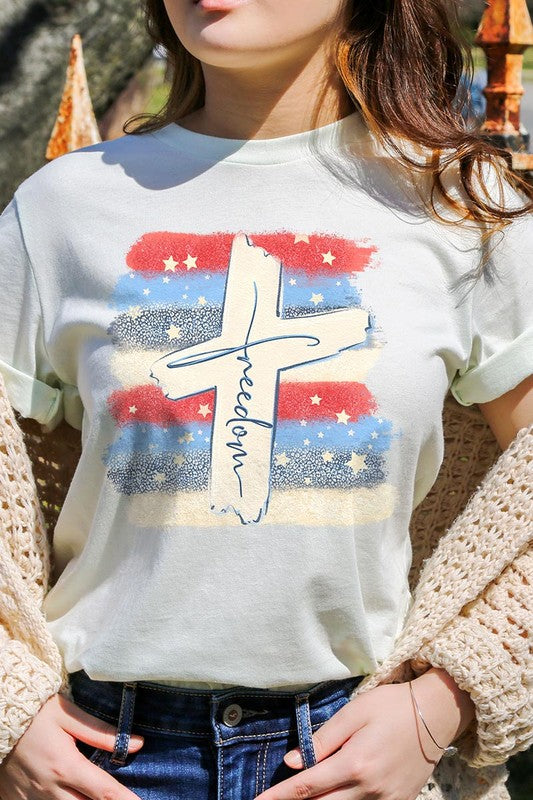 Freedom Cross 4th of July Graphic Unisex Crew Neck T Shirts