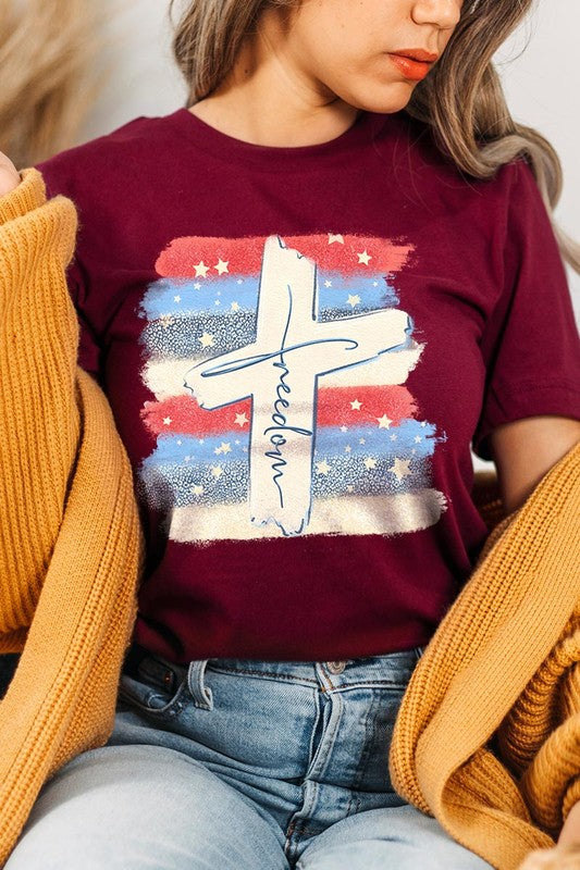 Freedom Cross 4th of July Graphic Unisex Crew Neck T Shirts