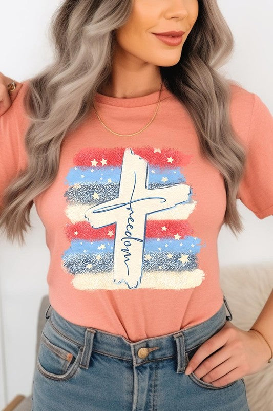 Freedom Cross 4th of July Graphic Unisex Crew Neck T Shirts