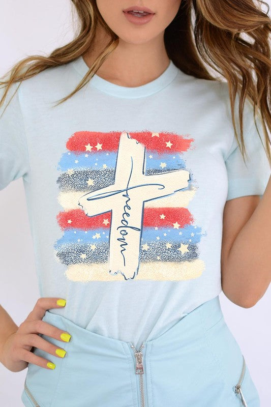 Freedom Cross 4th of July Graphic Unisex Crew Neck T Shirts